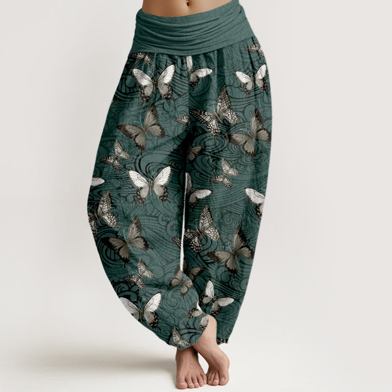 Buddha Stones Pure Cotton Gray Black Butterfly Striped Women's Elastic Waist Harem Pants - DarkCyan - US16，UK/AU20，EU48 (3XL) - image 8