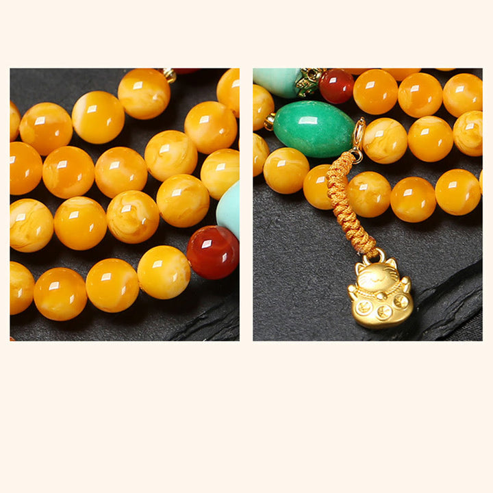 Buddha Stones 108 Beads Peace Buckle Lucky Cat Amber Auspicious Fortune Mala - image 9