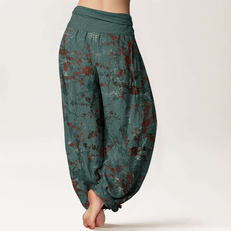 Buddha Stones Pure Cotton Blooming Flowers Branches Leaves Women's Elastic Waist Harem Pants - image 1