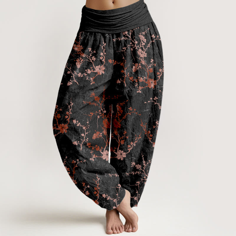 Buddha Stones Pure Cotton Blooming Flowers Branches Leaves Women's Elastic Waist Harem Pants - Black - US16，UK/AU20，EU48 (3XL) - image 5