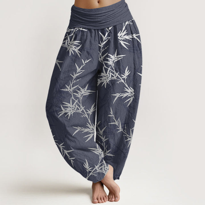 Buddha Stones Pure Cotton White Bamboo Leaves Women's Elastic Waist Harem Pants - SteelBlue - US16，UK/AU20，EU48 (3XL) - image 5