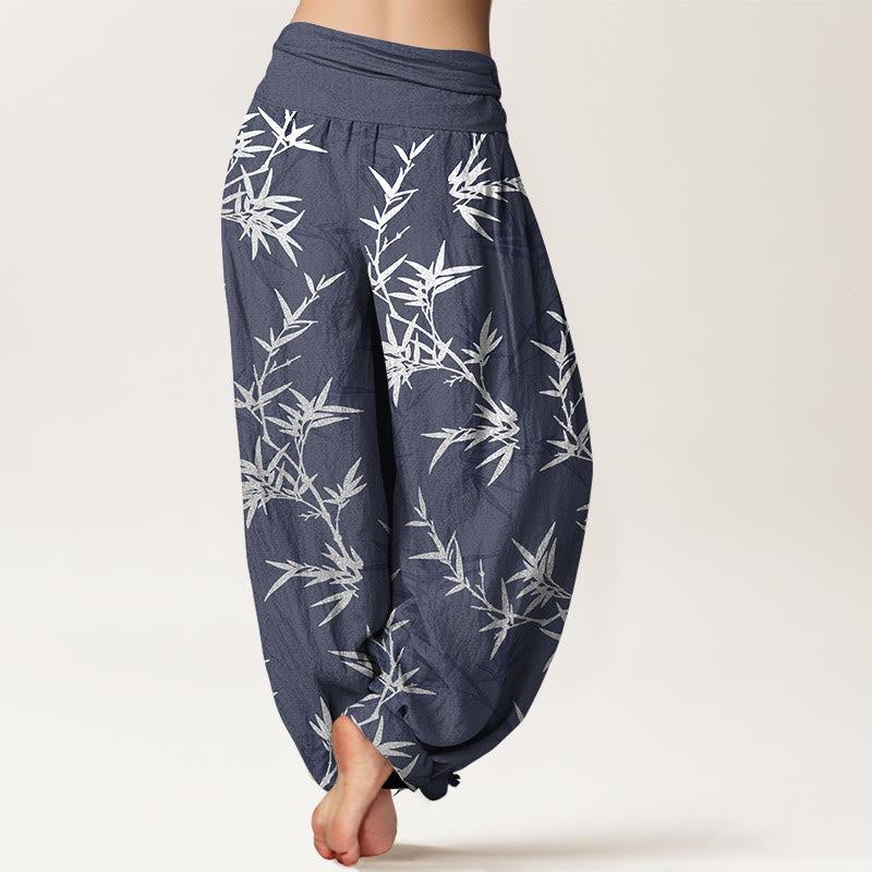 Buddha Stones Pure Cotton White Bamboo Leaves Women's Elastic Waist Harem Pants - image 6