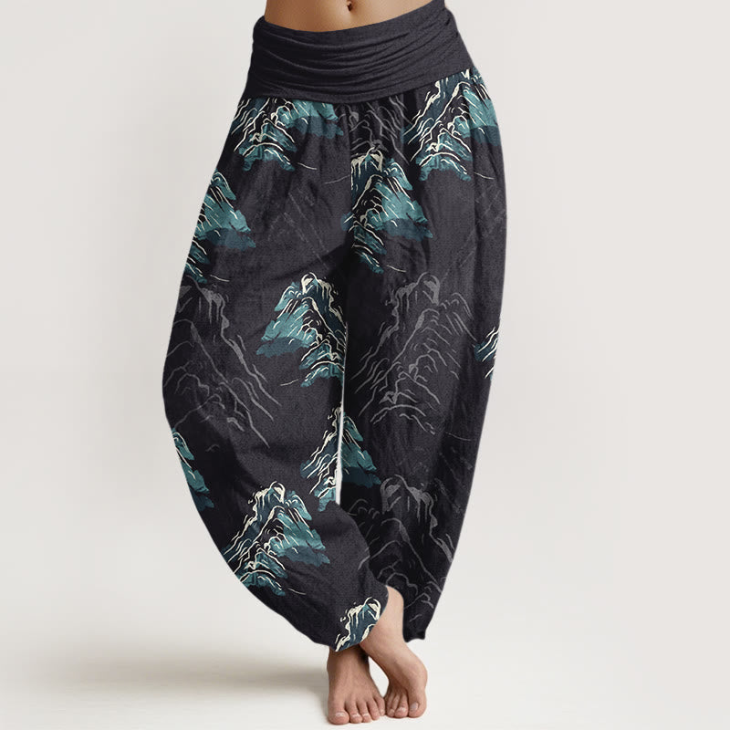 Buddha Stones Pure Cotton Vivid Emerald-green Mountains Women's Elastic Waist Harem Pants - Black - US16，UK/AU20，EU48 (3XL) - image 0