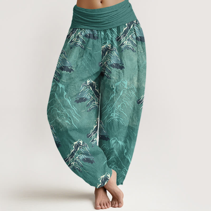 Buddha Stones Pure Cotton Vivid Emerald-green Mountains Women's Elastic Waist Harem Pants - Turquoise - US16，UK/AU20，EU48 (3XL) - image 8