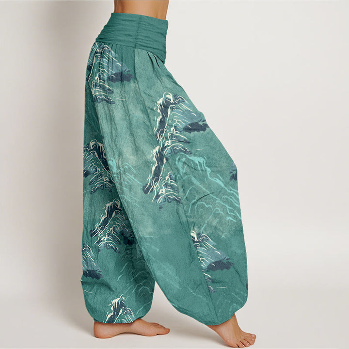 Buddha Stones Pure Cotton Vivid Emerald-green Mountains Women's Elastic Waist Harem Pants - image 10