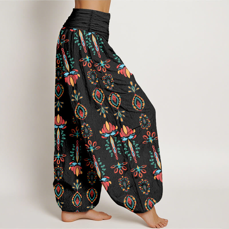 Buddha Stones Pure Cotton Colorful Lotus Flowers Green Leaves Geometric Women's Elastic Waist Harem Pants - image 7