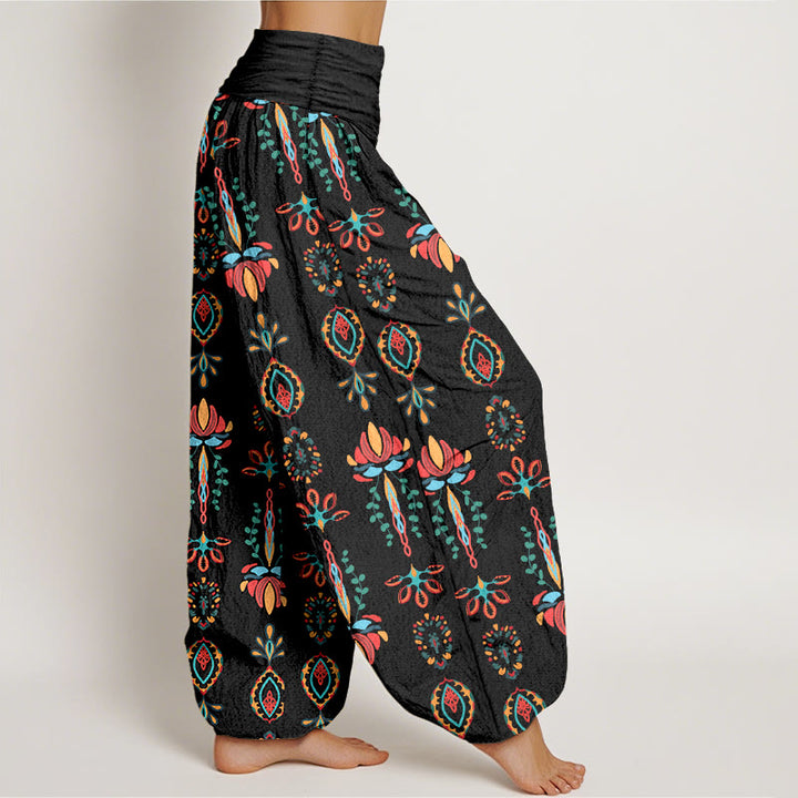 Buddha Stones Pure Cotton Colorful Lotus Flowers Green Leaves Geometric Women's Elastic Waist Harem Pants - image 7