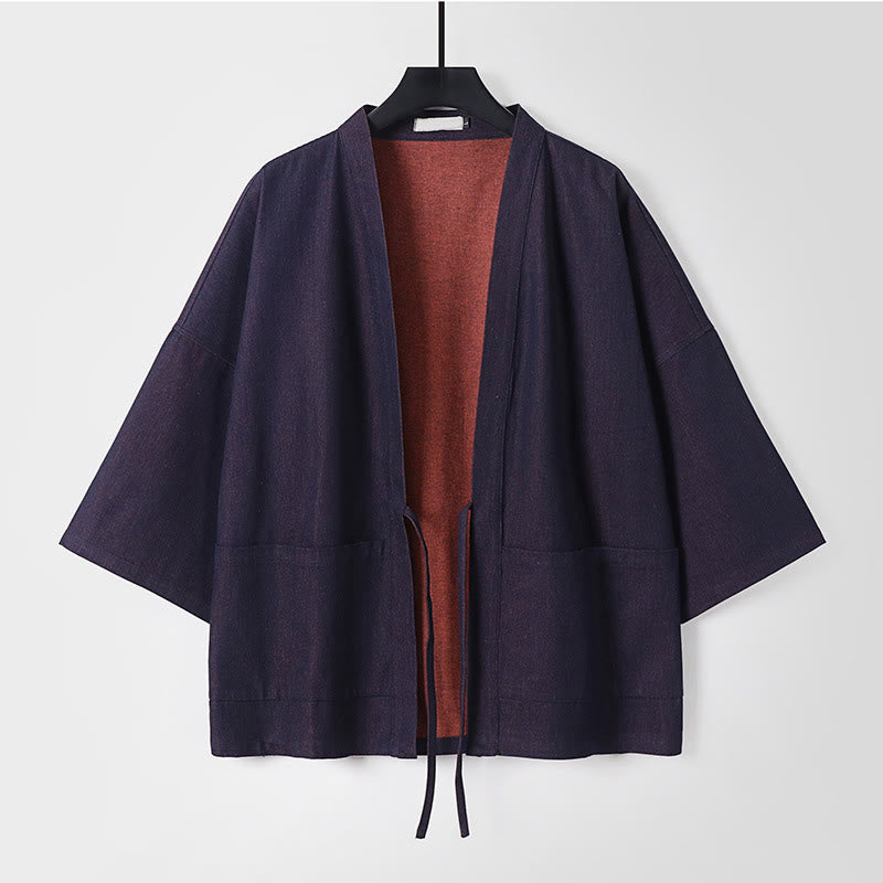 Buddha Stones Solid Lace-up Open Front Three Quarter Sleeve Jacket Men's Denim Cotton Kimono - SteelBlue - US/UK/AU54，EU64 (9XL) - image 1