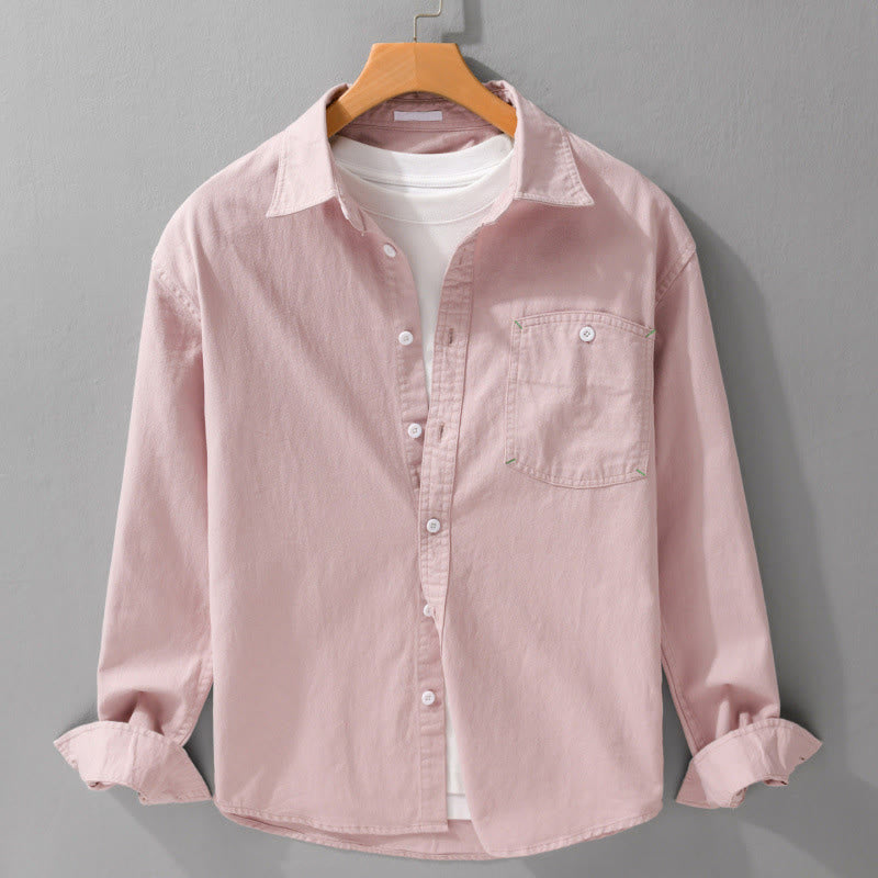 Buddha Stones Solid Buttons Down Decorative Pocket Men's Stand Collar Long Sleeve Cotton Shirt - Pink - US/UK/AU42，EU52 (3XL) - image 0