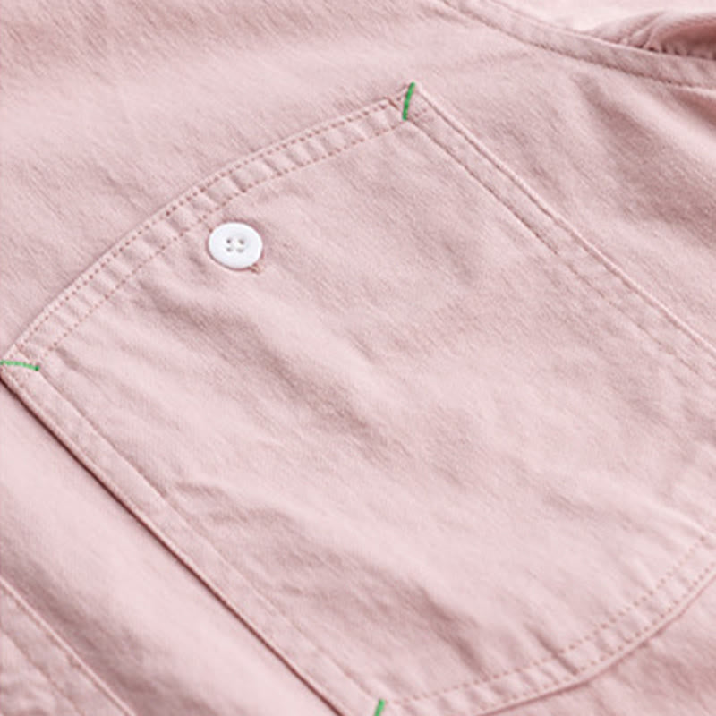 Buddha Stones Solid Buttons Down Decorative Pocket Men's Stand Collar Long Sleeve Cotton Shirt - image 6