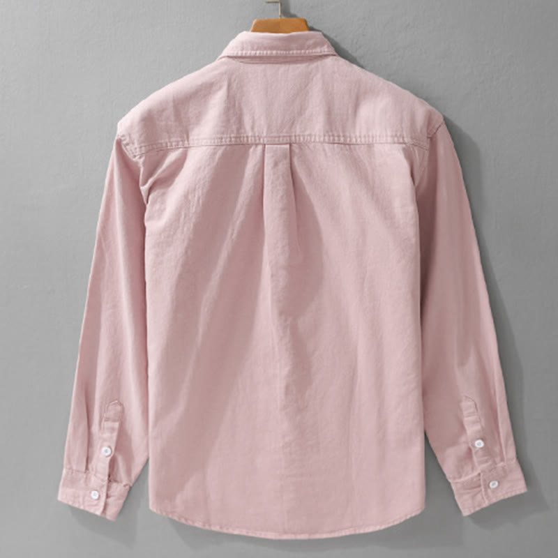 Buddha Stones Solid Buttons Down Decorative Pocket Men's Stand Collar Long Sleeve Cotton Shirt - image 2