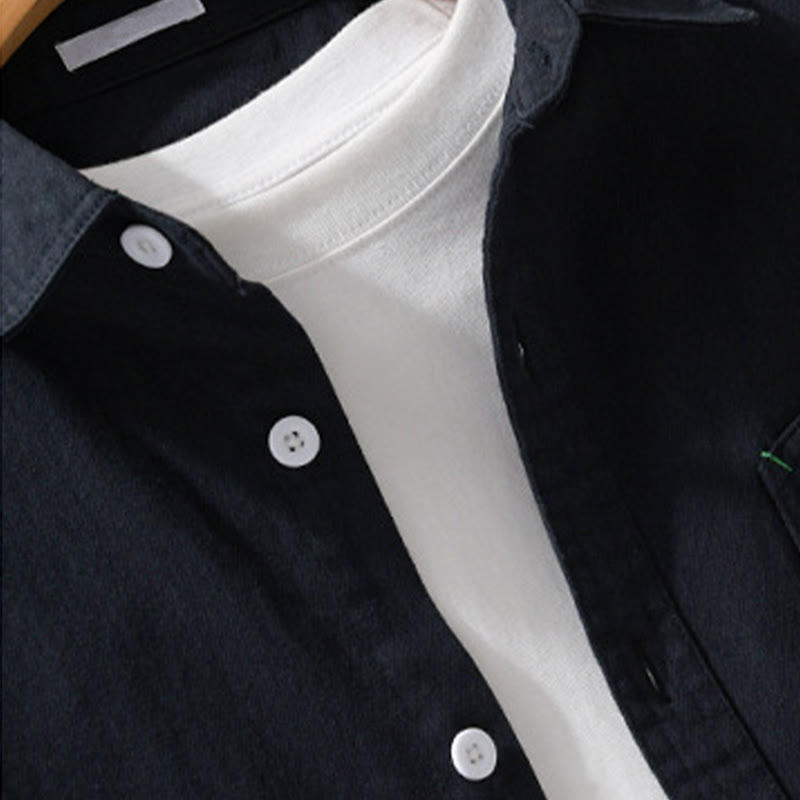 Buddha Stones Solid Buttons Down Decorative Pocket Men's Stand Collar Long Sleeve Cotton Shirt - image 11