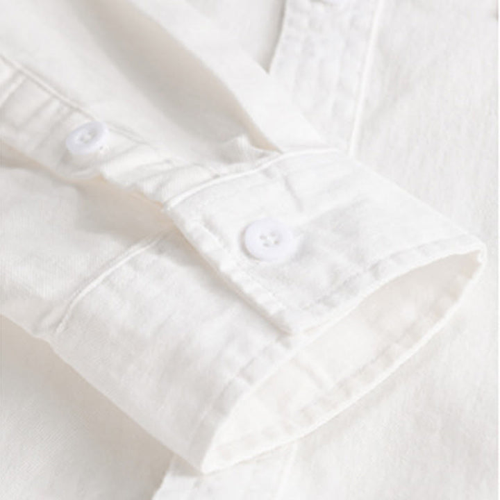 Buddha Stones Solid Buttons Down Decorative Pocket Men's Stand Collar Long Sleeve Cotton Shirt - image 18