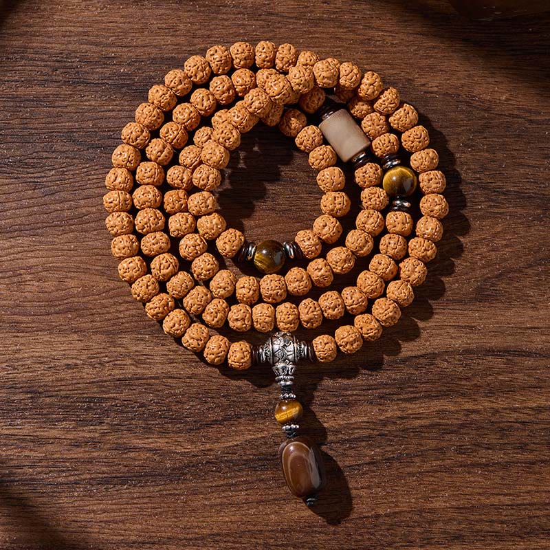 Buddha Stones Tibetan 108 Beads Bodhi Seed Three-eyed Dzi Bead Auspiciousness Mala - Auspicious clouds - 10mm - image 18