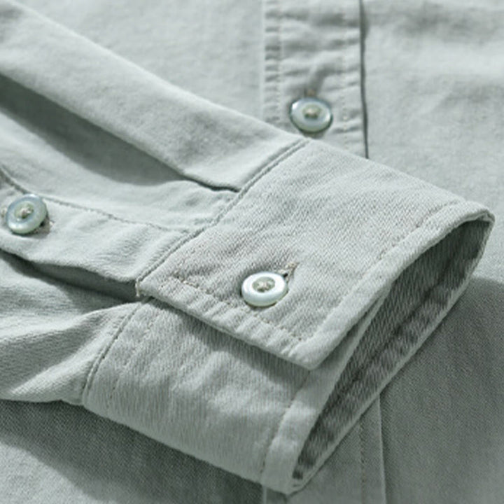 Buddha Stones Casual Solid Buttons Down Decorative Pocket Men's Stand Collar Long Sleeve Cotton Shirt - image 3