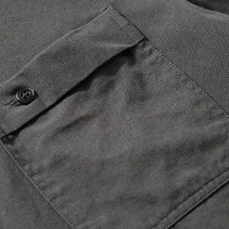 Buddha Stones Casual Solid Buttons Down Decorative Pocket Men's Stand Collar Long Sleeve Cotton Shirt - image 19