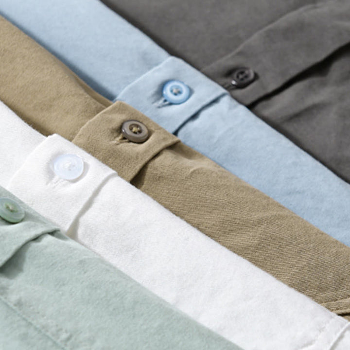 Buddha Stones Casual Solid Buttons Down Decorative Pocket Men's Stand Collar Long Sleeve Cotton Shirt - image 28