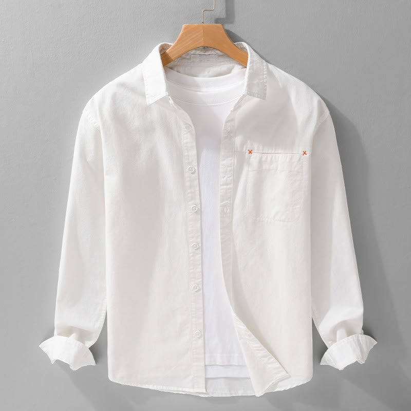 Buddha Stones Spring Solid Buttons Down Decorative Pocket Men's Stand Collar Long Sleeve Cotton Shirt - White - US/UK/AU42，EU52 (3XL) - image 18