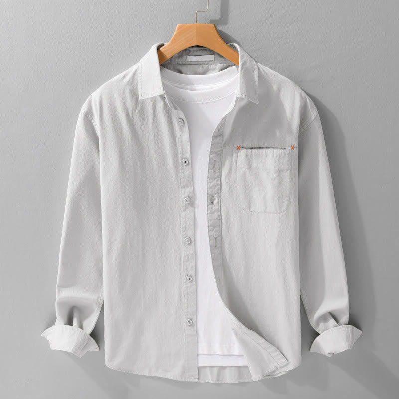 Buddha Stones Spring Solid Buttons Down Decorative Pocket Men's Stand Collar Long Sleeve Cotton Shirt - LightGrey - US/UK/AU42，EU52 (3XL) - image 11