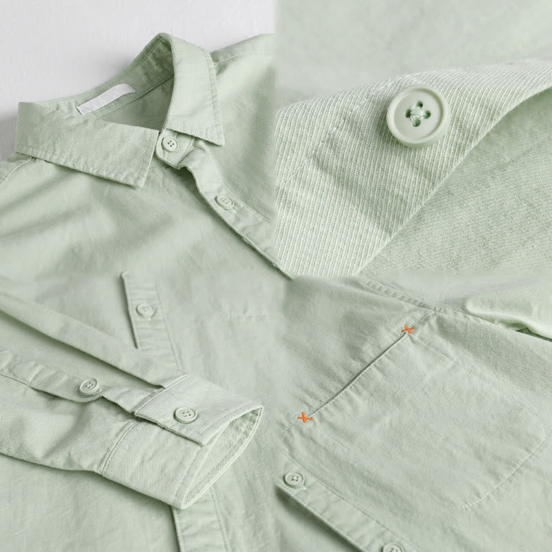 Buddha Stones Spring Solid Buttons Down Decorative Pocket Men's Stand Collar Long Sleeve Cotton Shirt - image 10