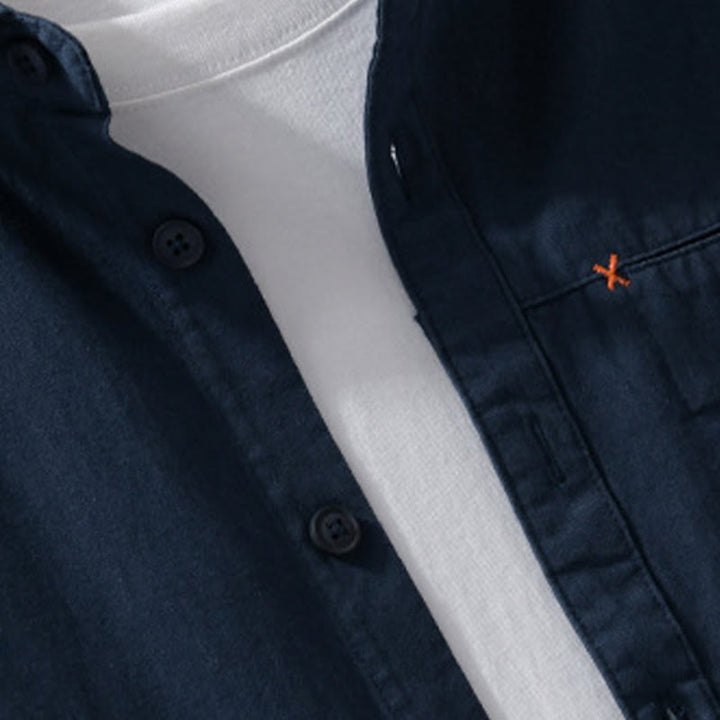 Buddha Stones Spring Solid Buttons Down Decorative Pocket Men's Stand Collar Long Sleeve Cotton Shirt - image 16