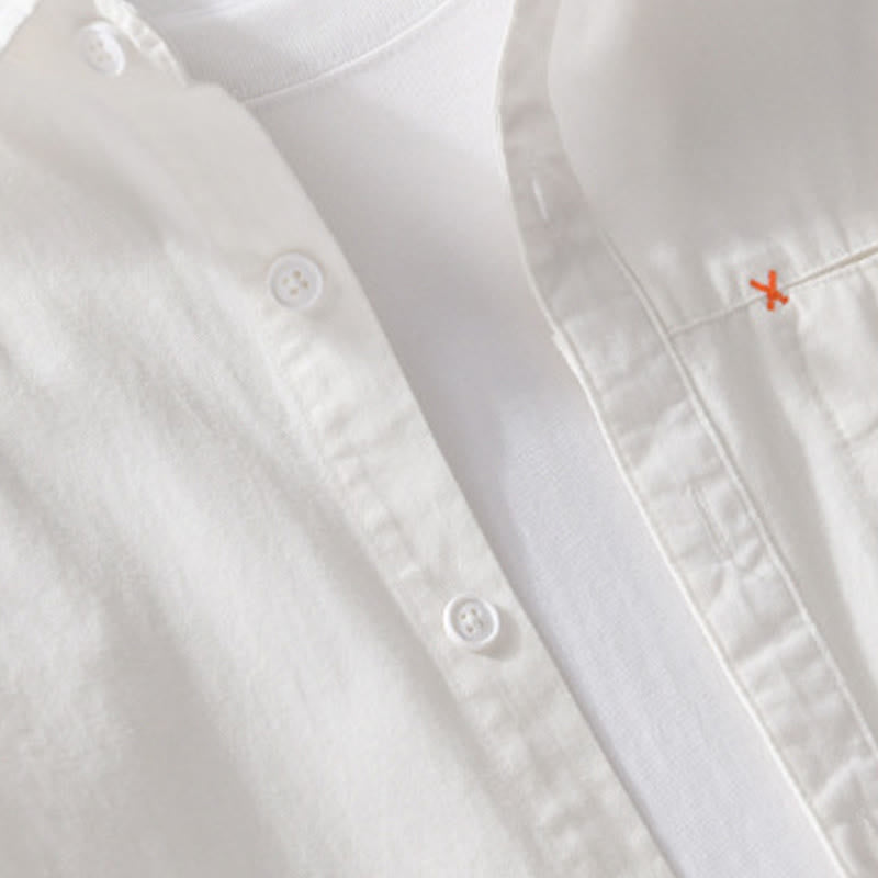 Buddha Stones Spring Solid Buttons Down Decorative Pocket Men's Stand Collar Long Sleeve Cotton Shirt - image 20