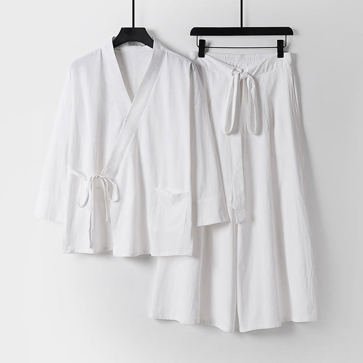 Buddha Stones 2Pcs Fall Lace-up Cotton Kimono Ankle-Length Wide Leg Pants With Pockets Men's Meditation Cloth Set - White - US/UK/AU54，EU64 (9XL) - image 17