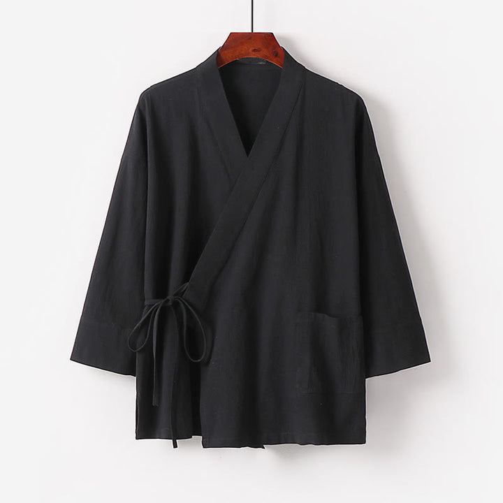 Buddha Stones 2Pcs Fall Lace-up Cotton Kimono Ankle-Length Wide Leg Pants With Pockets Men's Meditation Cloth Set - image 6