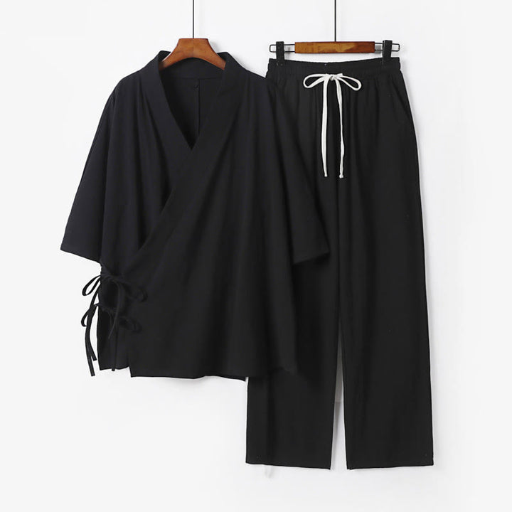 Buddha Stones 2Pcs Fall Lace-up Three Quarter Sleeve Cotton Kimono Drawstring Pants With Pockets Men's Meditation Cloth Set - Black - US/UK/AU54，EU64 (9XL) - image 4