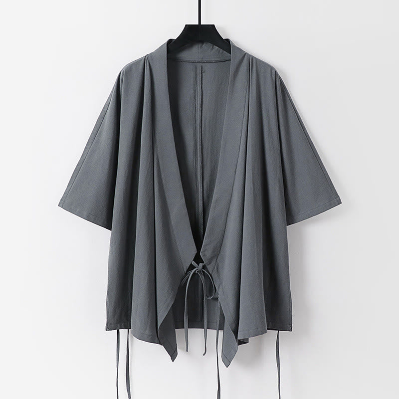 Buddha Stones 2Pcs Fall Lace-up Three Quarter Sleeve Cotton Kimono Drawstring Pants With Pockets Men's Meditation Cloth Set - image 1