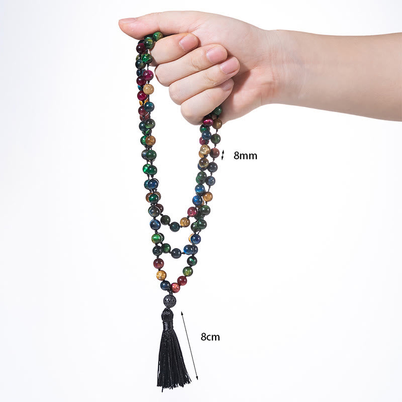 Buddha Stones Multicolored Yellow Tiger Eye Green Tiger Eye Blue Tiger Eye Red Tiger Eye Beaded Tassel Strength Mala - image 4