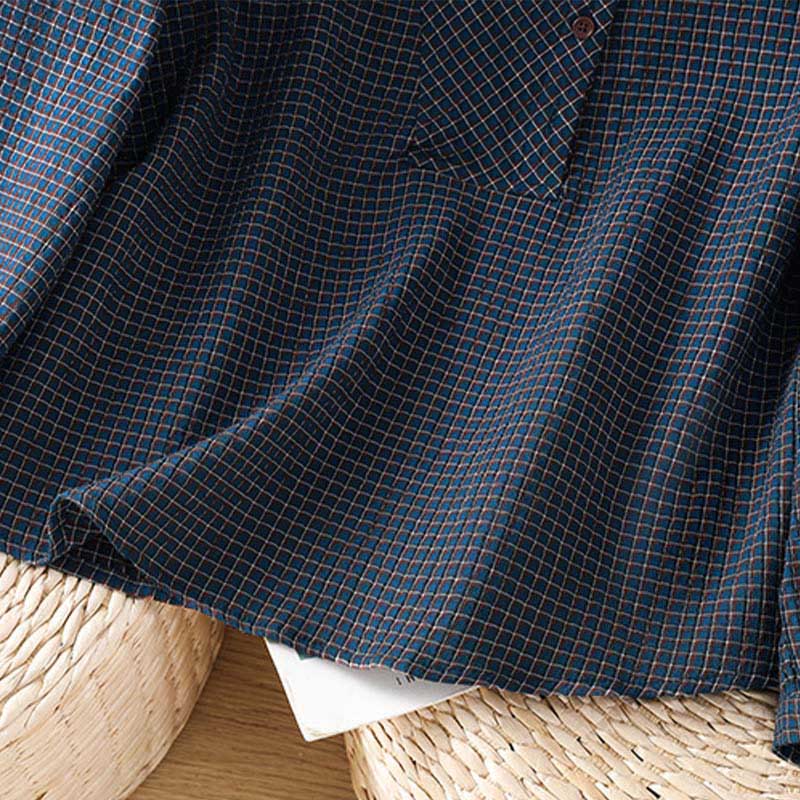 Buddha Stones Fall Blue Plaid V-Neck Buttons Design Women's Cotton Long Sleeve Shirt - image 7