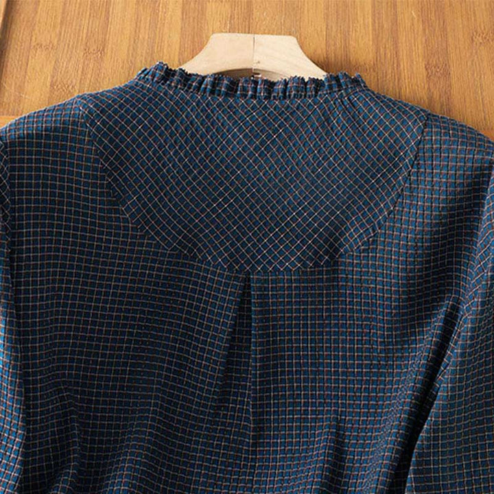 Buddha Stones Fall Blue Plaid V-Neck Buttons Design Women's Cotton Long Sleeve Shirt - image 4