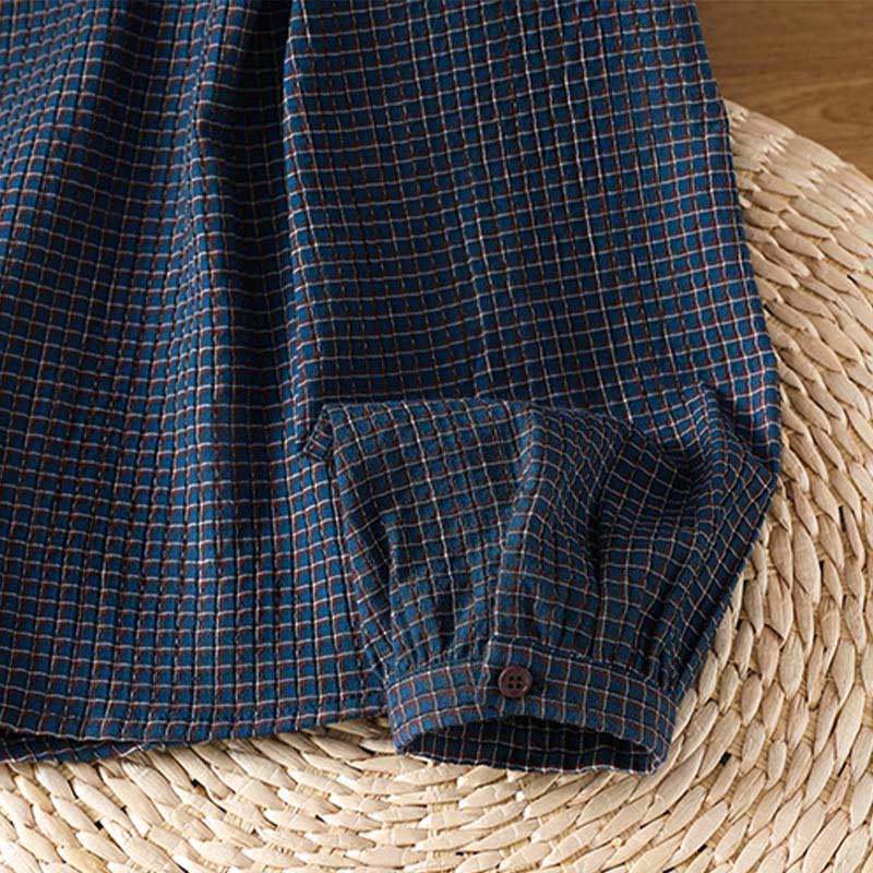 Buddha Stones Fall Blue Plaid V-Neck Buttons Design Women's Cotton Long Sleeve Shirt - image 9