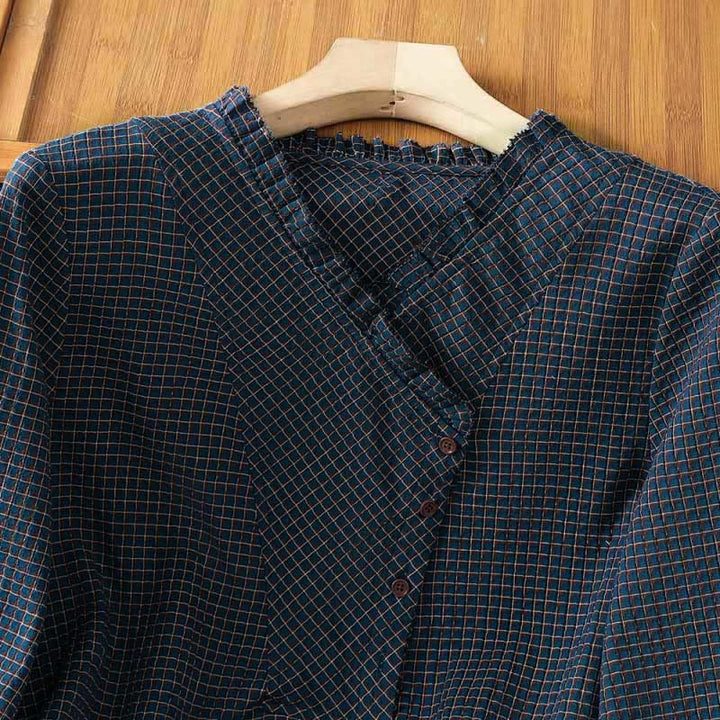 Buddha Stones Fall Blue Plaid V-Neck Buttons Design Women's Cotton Long Sleeve Shirt - image 5