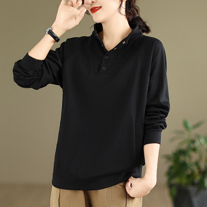 Buddha Stones Fall Solid Stand Collar Buttons Design Long Sleeve Women's Cotton Sweatshirt - image 3