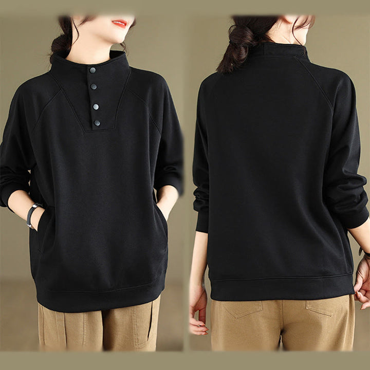 Buddha Stones Fall Solid Stand Collar Buttons Design Long Sleeve Women's Cotton Sweatshirt - image 4