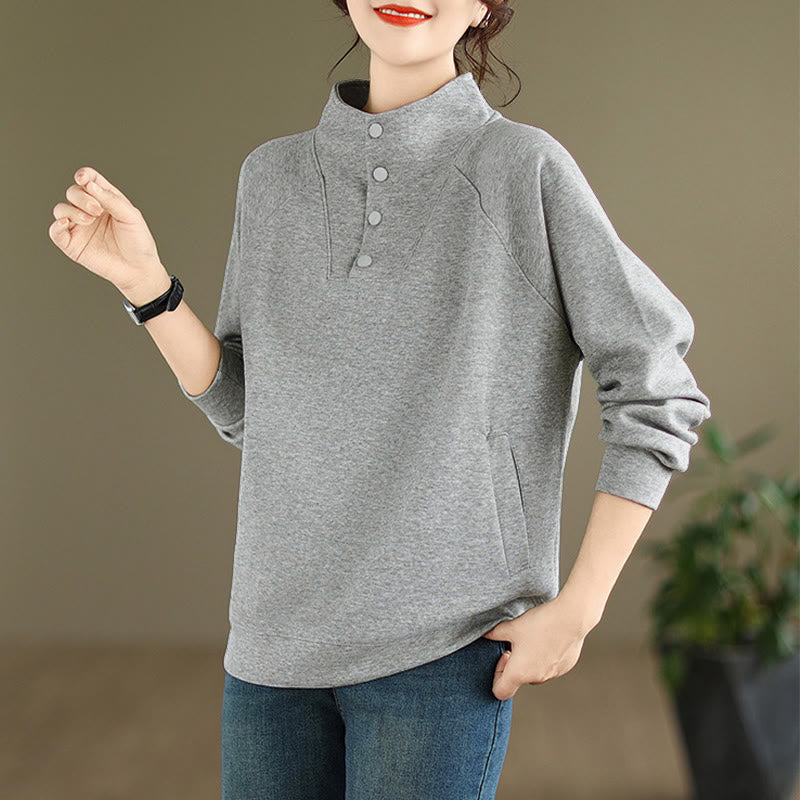 Buddha Stones Fall Solid Stand Collar Buttons Design Long Sleeve Women's Cotton Sweatshirt - image 8