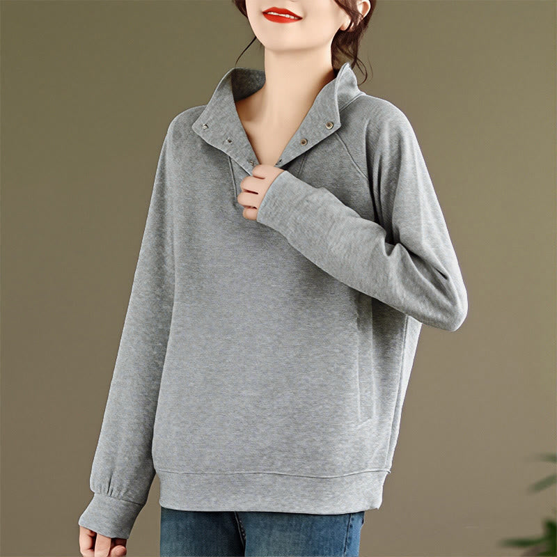 Buddha Stones Fall Solid Stand Collar Buttons Design Long Sleeve Women's Cotton Sweatshirt - image 6
