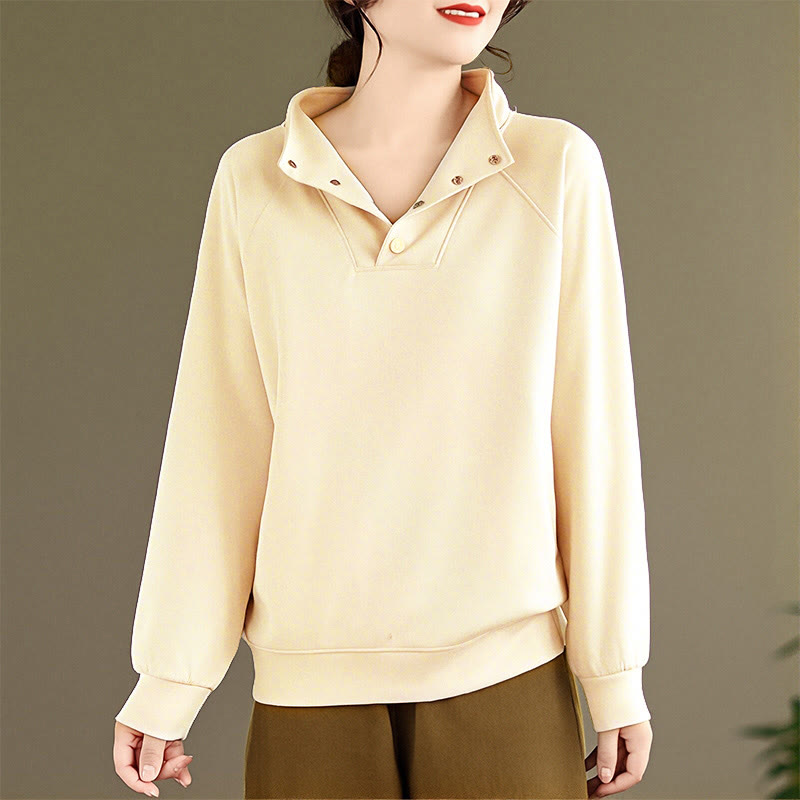 Buddha Stones Fall Solid Stand Collar Buttons Design Long Sleeve Women's Cotton Sweatshirt - image 12