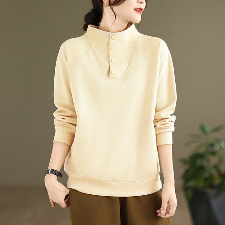 Buddha Stones Fall Solid Stand Collar Buttons Design Long Sleeve Women's Cotton Sweatshirt - image 11