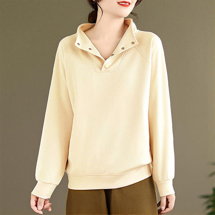 Buddha Stones Fall Solid Stand Collar Buttons Design Long Sleeve Women's Cotton Sweatshirt - image 12