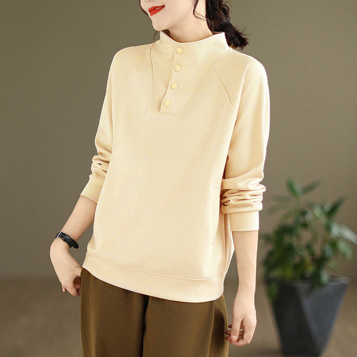 Buddha Stones Fall Solid Stand Collar Buttons Design Long Sleeve Women's Cotton Sweatshirt - image 13