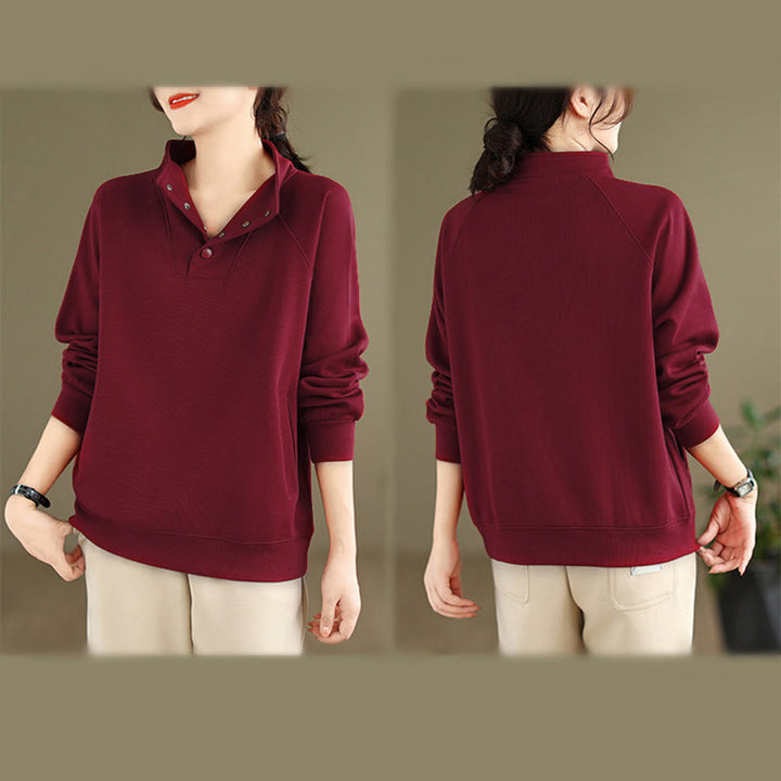 Buddha Stones Fall Solid Stand Collar Buttons Design Long Sleeve Women's Cotton Sweatshirt - image 35