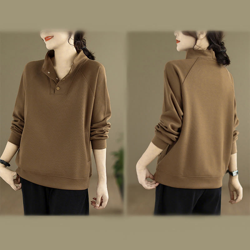 Buddha Stones Fall Solid Stand Collar Buttons Design Long Sleeve Women's Cotton Sweatshirt - image 29