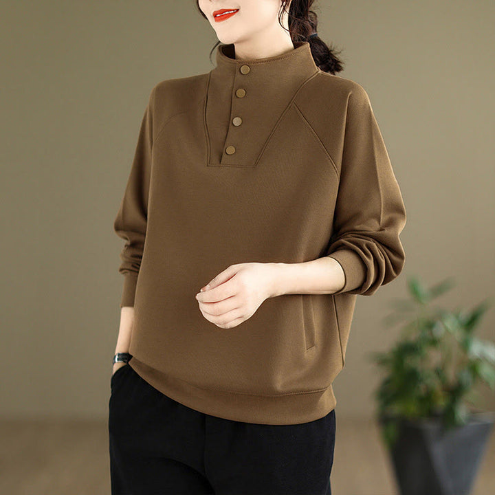 Buddha Stones Fall Solid Stand Collar Buttons Design Long Sleeve Women's Cotton Sweatshirt - SaddleBrown - US8-10，UK/AU12-14，EU40-42 (2XL) - image 26