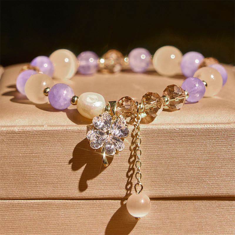 Buddha Stones Four Leaf Clover Amethyst Citrine Green Strawberry Quartz Rutilated Quartz Balance Bracelet - image 1