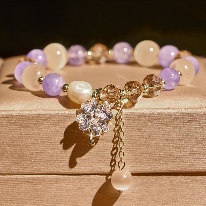 Buddha Stones Four Leaf Clover Amethyst Citrine Green Strawberry Quartz Rutilated Quartz Balance Bracelet - image 1