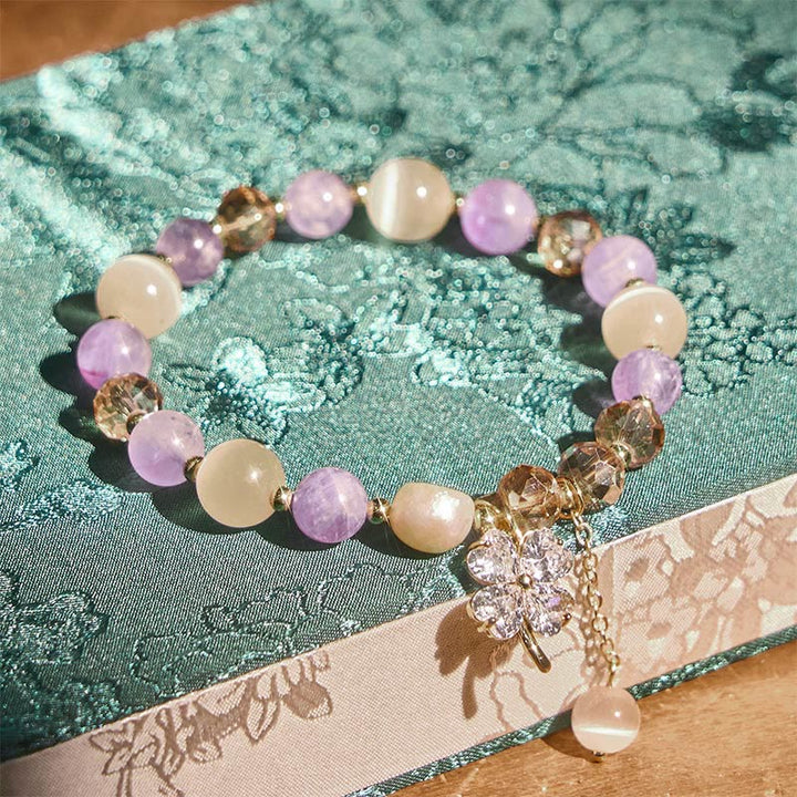 Buddha Stones Four Leaf Clover Amethyst Citrine Green Strawberry Quartz Rutilated Quartz Balance Bracelet - image 2