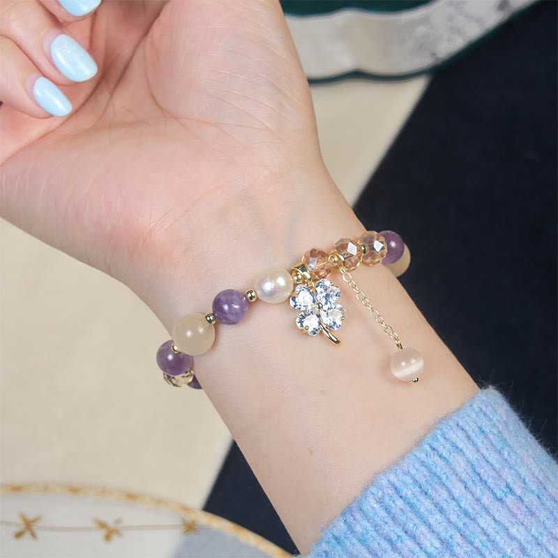 Buddha Stones Four Leaf Clover Amethyst Citrine Green Strawberry Quartz Rutilated Quartz Balance Bracelet - image 5